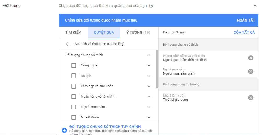 chọn đối tượng quảng cáo gdn