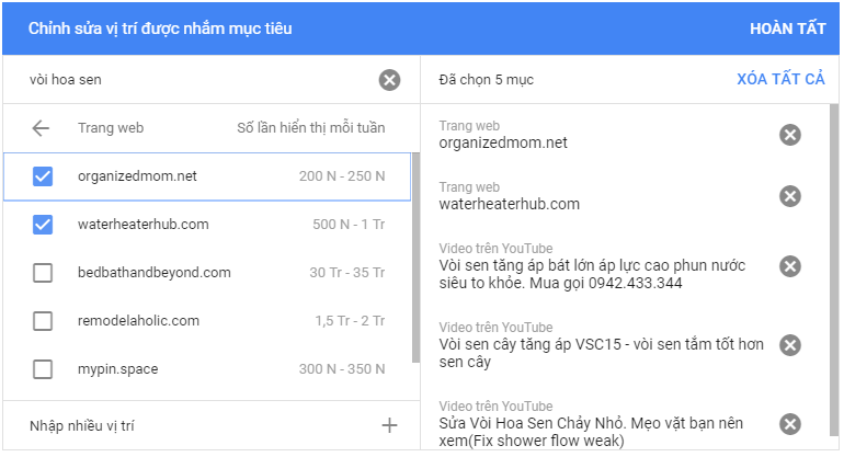 chọn vị trí trong quảng cáo gdn