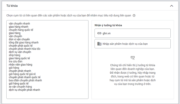 Hãy chọn lọc các từ khóa liên quan đến doanh nghiệp, sản phẩm hoặc dịch vụ.