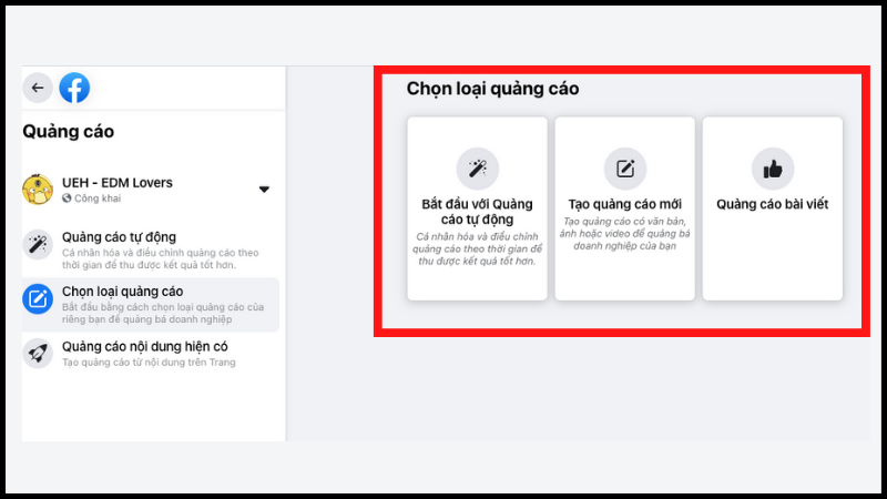 Chọn loại quảng cáo 
