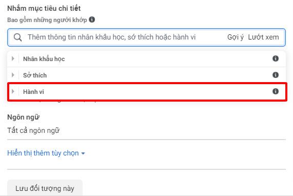 Đối tượng quảng cáo facebook theo hành vi