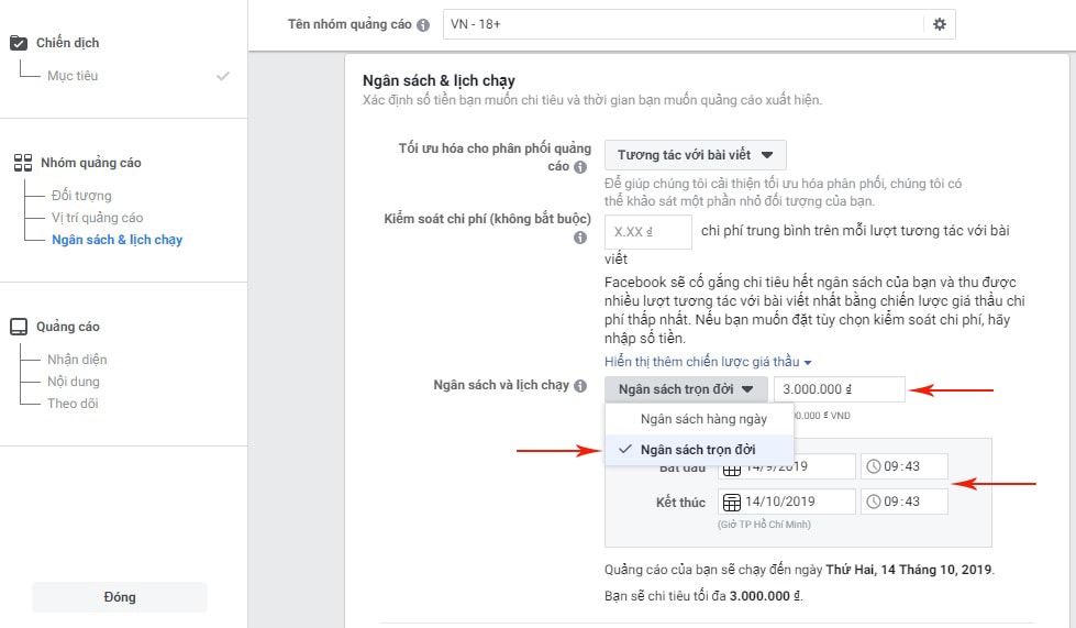 Thiết Lập Ngân Sách - cách chạy quảng cáo fanpage