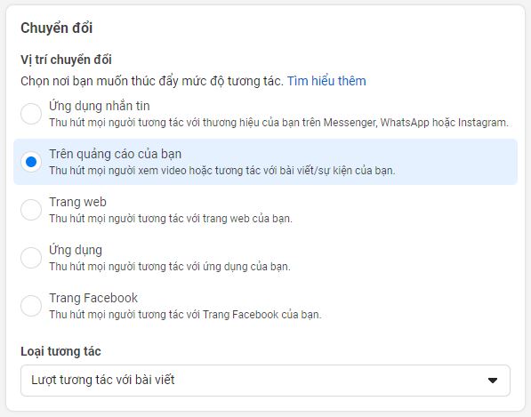 chọn mục tiêu tương tác trên bài viết