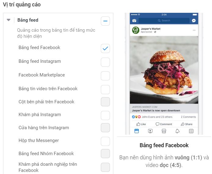 vị trí quảng cáo facebook