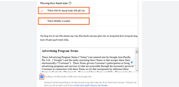 Tiến hành thêm phương thức thanh toán cho tài khoản Google Ads.