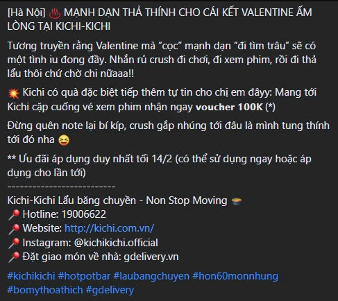 Mẫu content facebook cho dịp lễ tình nhân của nhà hàng Kichi Kichi