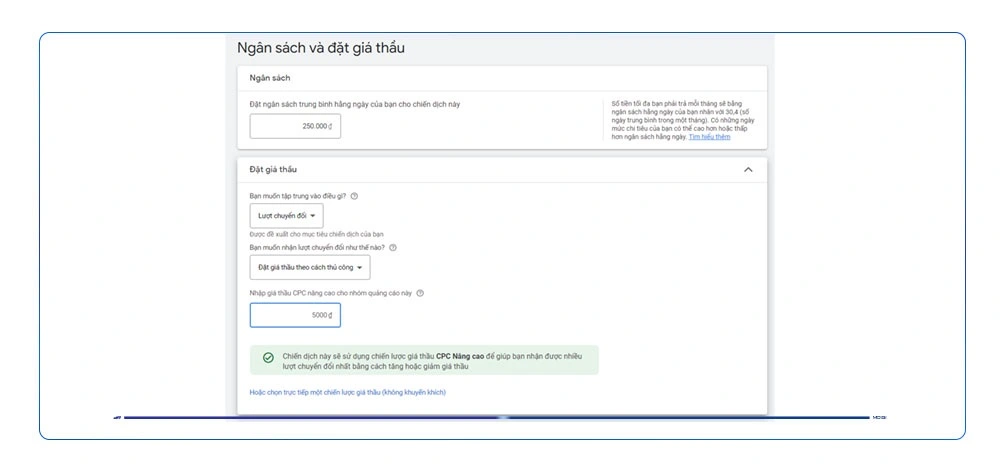 Chọn các tùy chọn bidding và optimization
