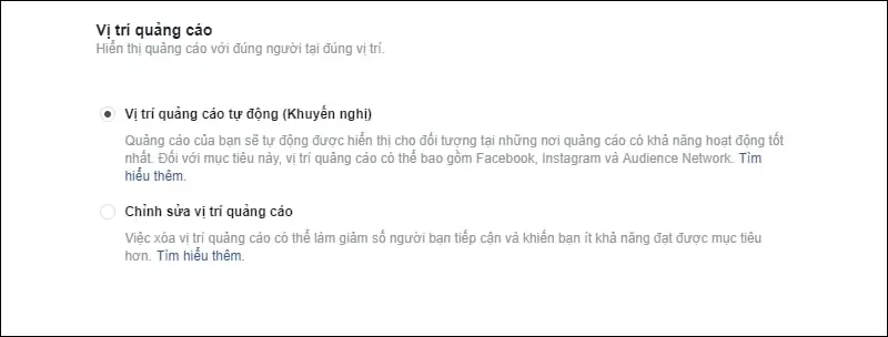 Lựa chọn những vị trí quảng cáo Facebook mong muốn Lựa chọn những vị trí quảng cáo Facebook mong muốn